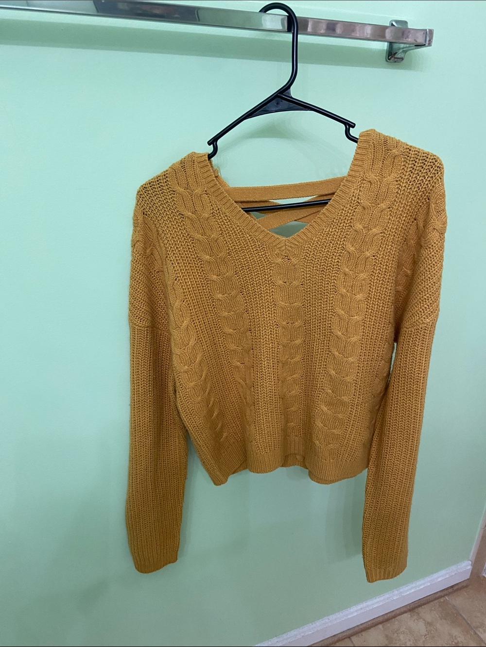 Derek Heart Mustard Cable Knit V-Neck Sweater